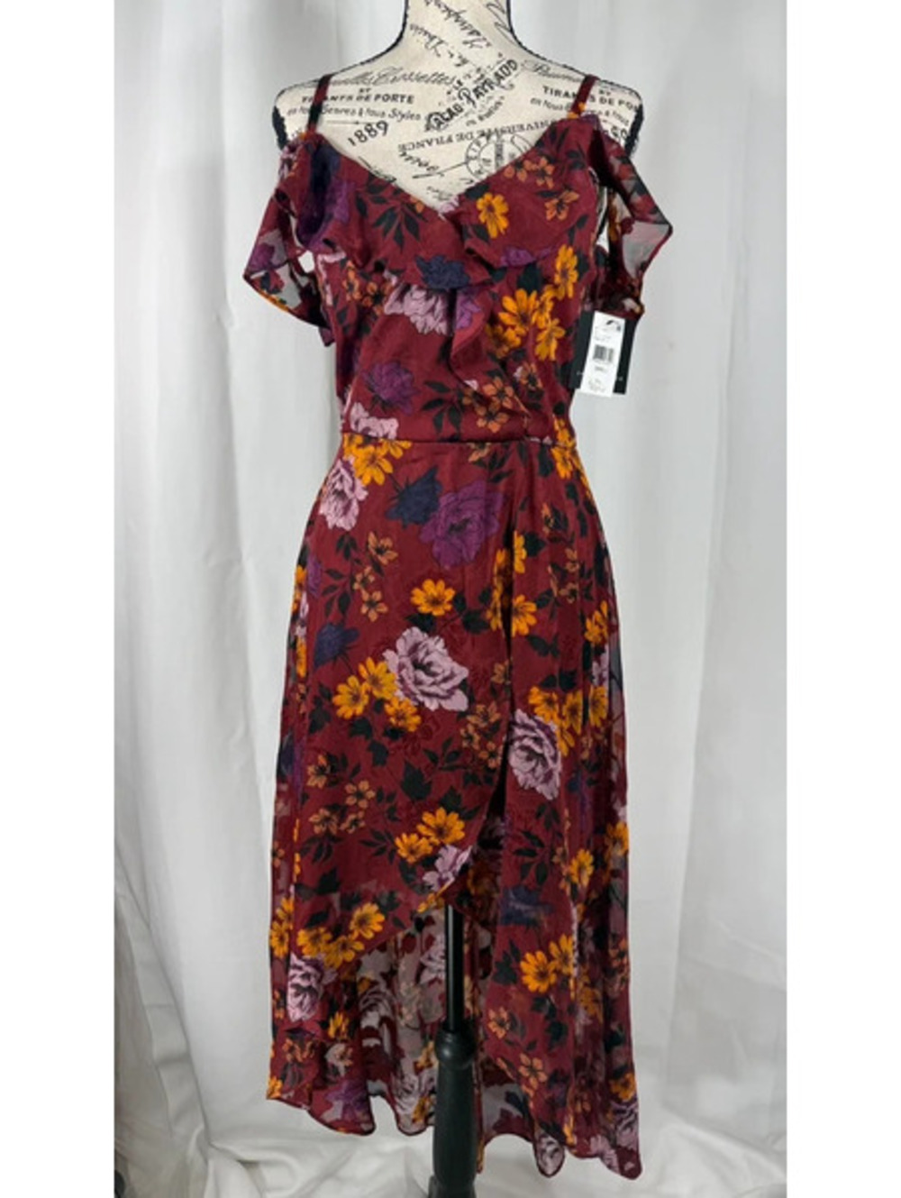 IN San Francisco Small NWT Floral Maxi Dress Burgundy Cold Shoulder Boho Wrap